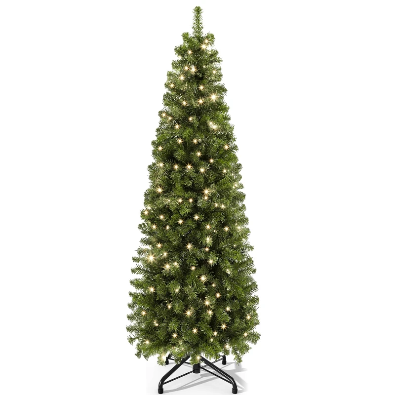 YITAHOME 182cm Slim Artificial Christmas Tree with 200 Pre-lit LEDs, 700 Tips, Realistic Fir with Foldable Hinge System & Metal Stand, Quick Setup for Home or Business, 182cm H x 65cm W