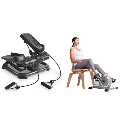 Sunny Health & Fitness 2-in-1 Premium Power Stepper with Resistance Bands + Magnetic Under Desk Mini Exercise Cycle Bike, with Digital Monitor and Carrying Handle