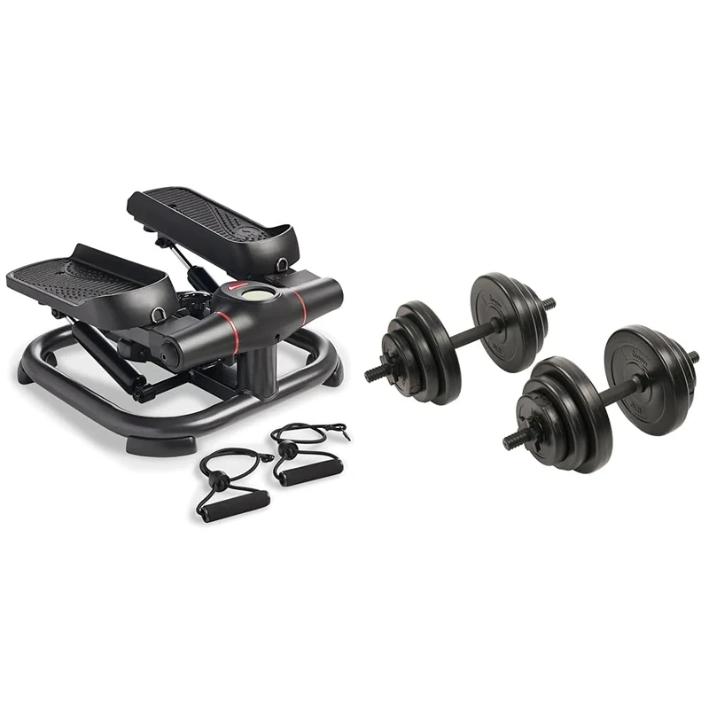 Sunny Health & Fitness 2-in-1 Premium Power Stepper with Resistance Bands + Exercise Vinyl 18 KG Dumbbell Set Hand Weights for Strength Training - NO.087