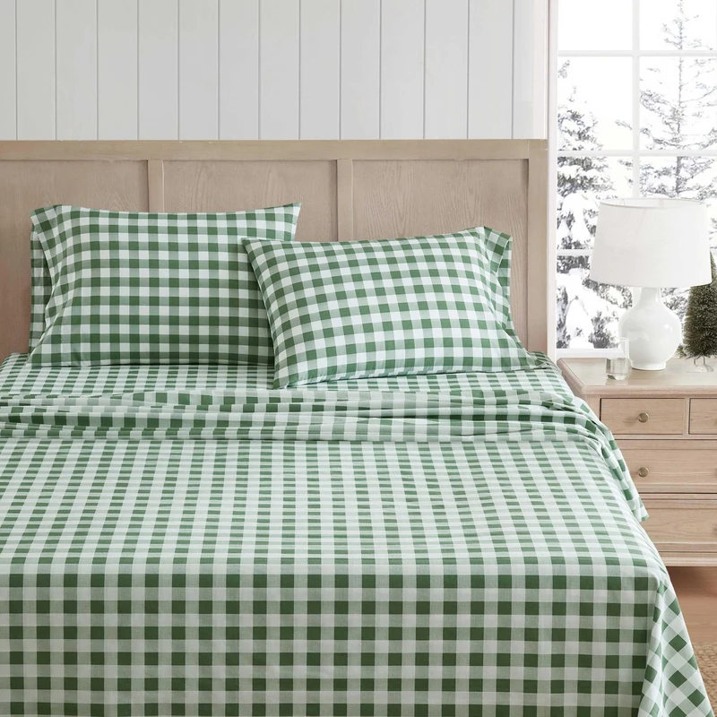 Martha Stewart - Queen Size Sheets Set, Crisp & Tailored Sheets w/a Naturally Smooth Cotton Percale Lightweight Feel - Bed Sheets w/Matching Pillowcases (Madison Gingham Green)