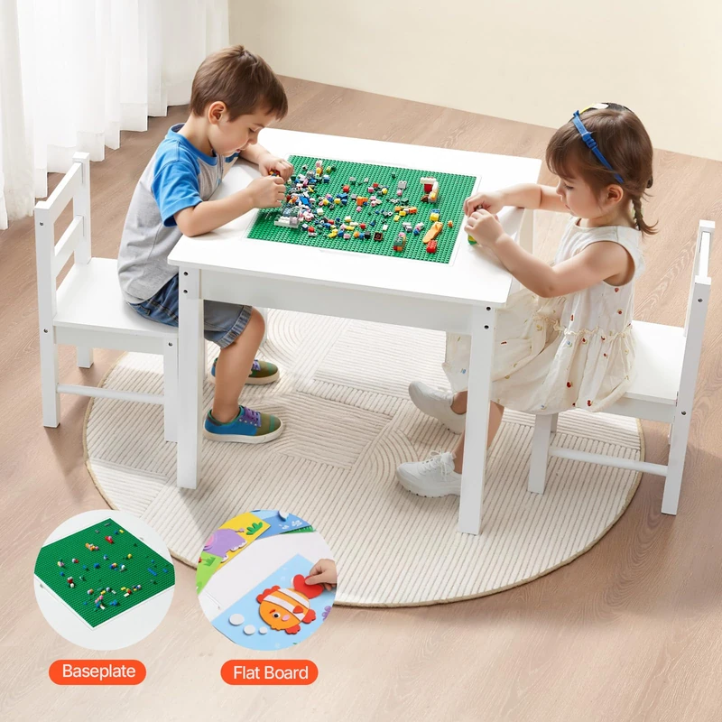 VEVOR Kids Activity Table and 2 Chairs Set, Building Blocks Double-Sided Tabletop, Toddler Table and Chair Set with Storage for Kids 3+ Years, Large Storage Space, Present for Boys & Girls, White - Image 1