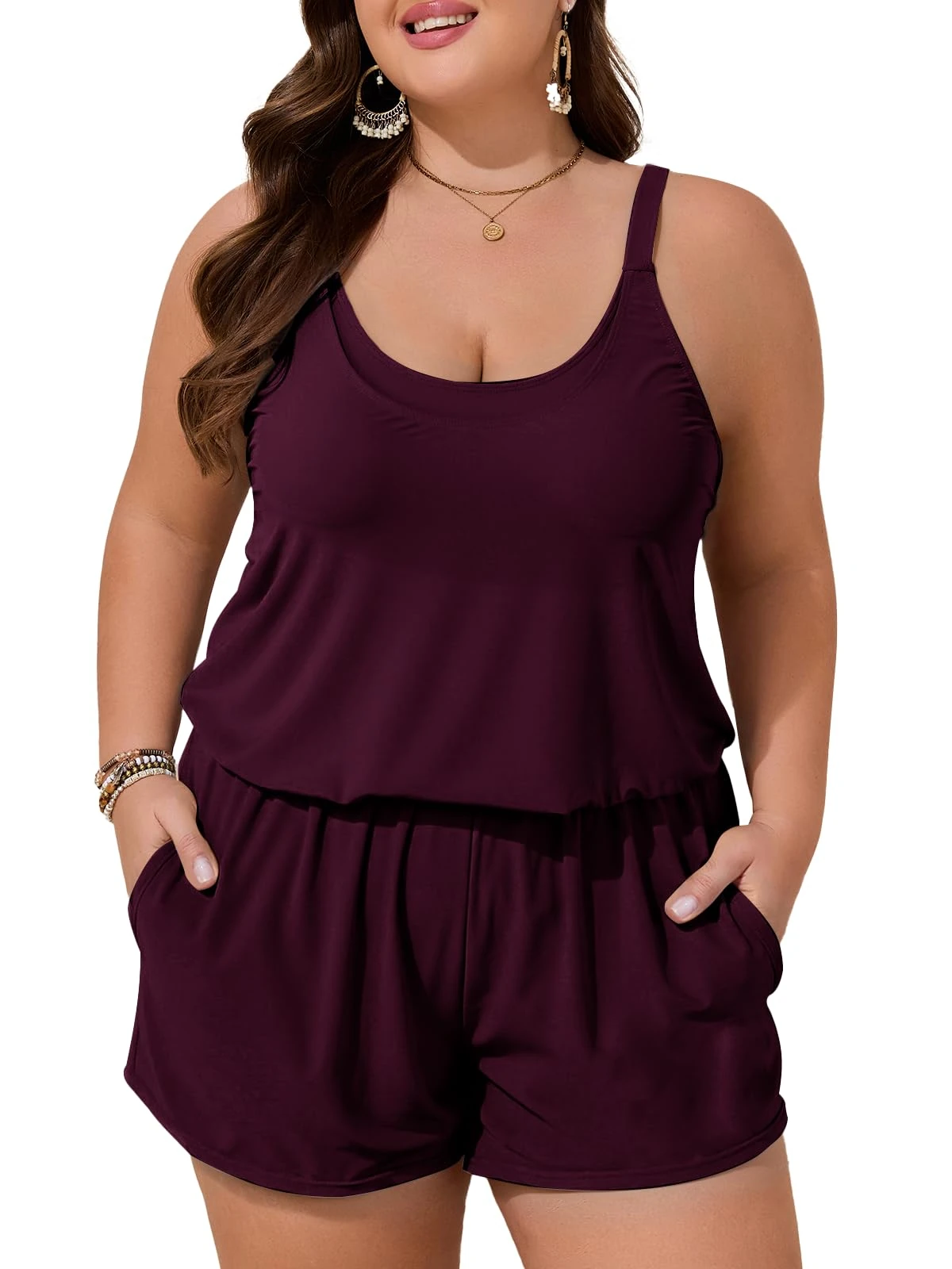 Summer Mae Plus Size Swim Romper Women One Piece Swimsuit Blouson Bathing Suit with Pockets 2025 Modest Swimwear, Purplish Red, 24 Plus