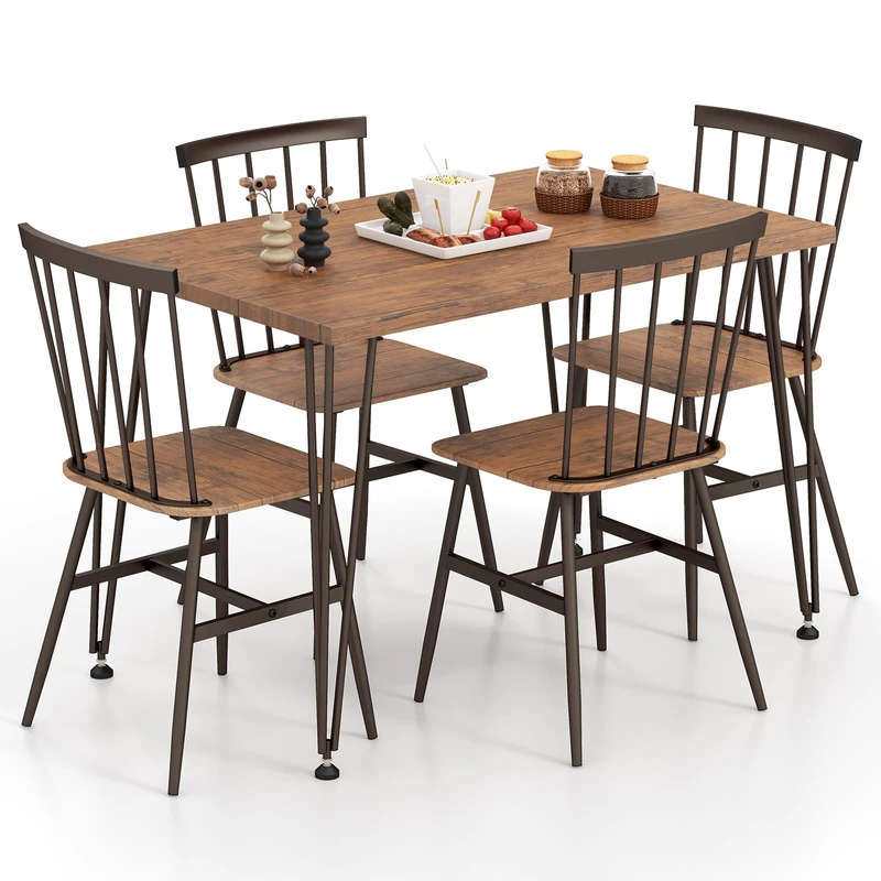 GiantexUK 5 PCS Dining Table Set, Modern Kitchen Table and 4 Chairs with High Backrest & 360° Swivel Foot Pads, Dining Room Furniture Set for Home Restaurant (Walnut)