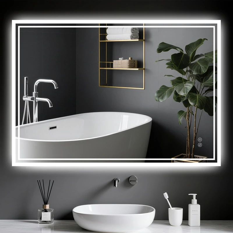 Ambienden LED Bathroom Mirror with Lighting 60 x 80 cm - Anti-Fog, 3 Colour Dimmable, Doble Touch Switch & Power Failure Memory Function for Bathroom/Toilet - Horizontal/Vertical Hook Mounting