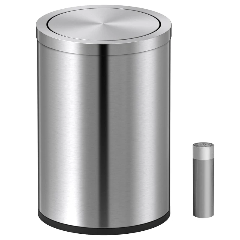 Mbillion Small Trash Can with Swing Lid 4 Gallons/15 Liter, Mini Trash Can with lid, Stainless Steel Cylindrical Garbage Can for Home and Office, for Ground and Desktop(Brushed Silver)