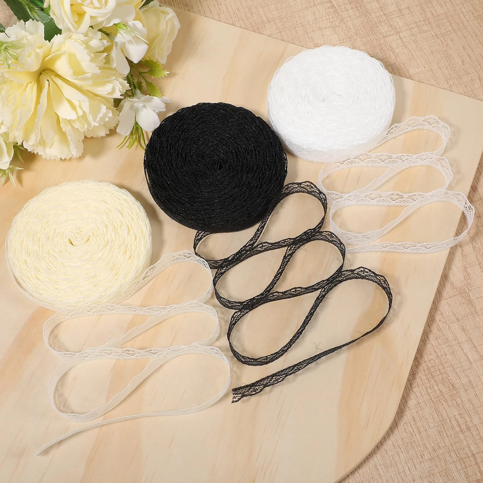 60 Yards Lace Ribbon Roll 1.5cm Wide Sewing Crafts Trim Ribbon Flower Fabric Lace Trim Roll for Wedding Decoration, Bouquet, and Gift Packaging(Black, White, Beige)