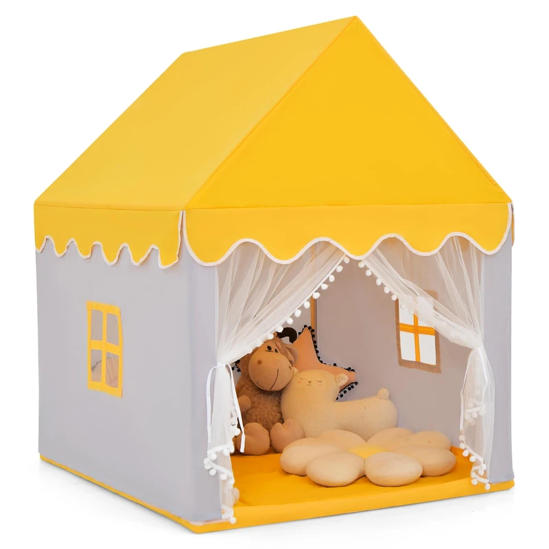 GYMAX Kids Tent, Castle Play House with Washable Cotton Mattress, Play Gaming Tent for Indoor Outdoor (Yellow)