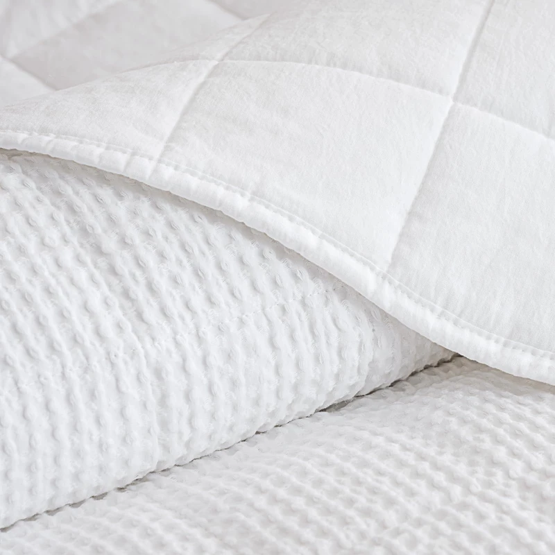 PHF 100% Wsahed Cotton Waffle Quilt Set Queen Size(90"x90")-Lightweight with Square-Box Channel, Cozy Quilted Bedspread Set, Home Decor, 1 Soft Coverlet with 2 Matching Shams, White