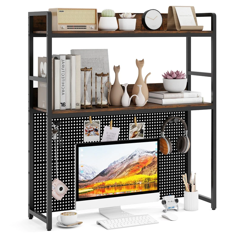 SFAREST Computer Desktop Bookshelf, 2-Tier Industrial Hutch Bookcase with Pegboard, Multipurpose Countertop Hutch and Desk Storage Organizer for Office Study Game Room