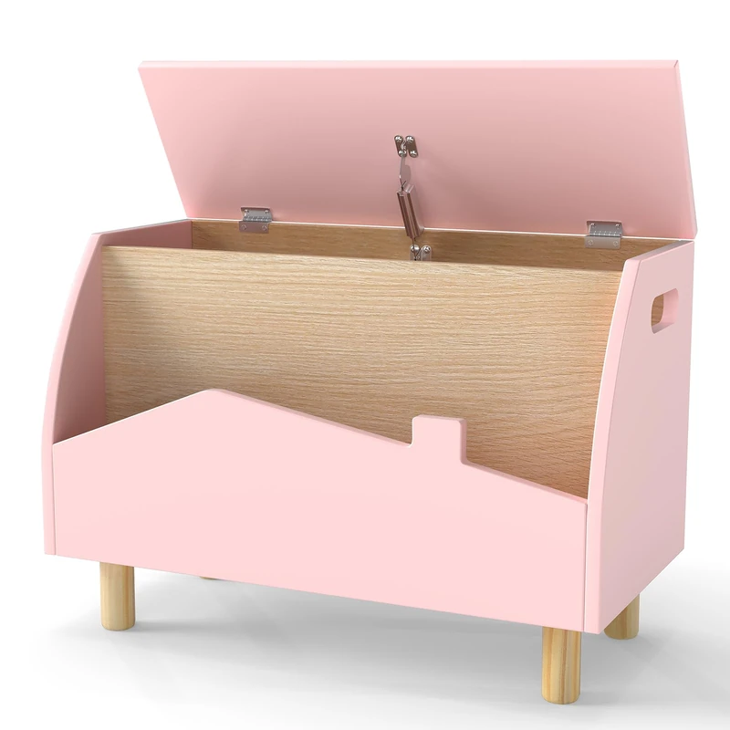 GYMAX Wooden Toy Box, Kids Storage Chest with Book Storage Space, Lid & Safety Hinge, Flip-Top Toddler Toy Organizer for Boys Girls (Pink, 60 x 30 x 44cm)