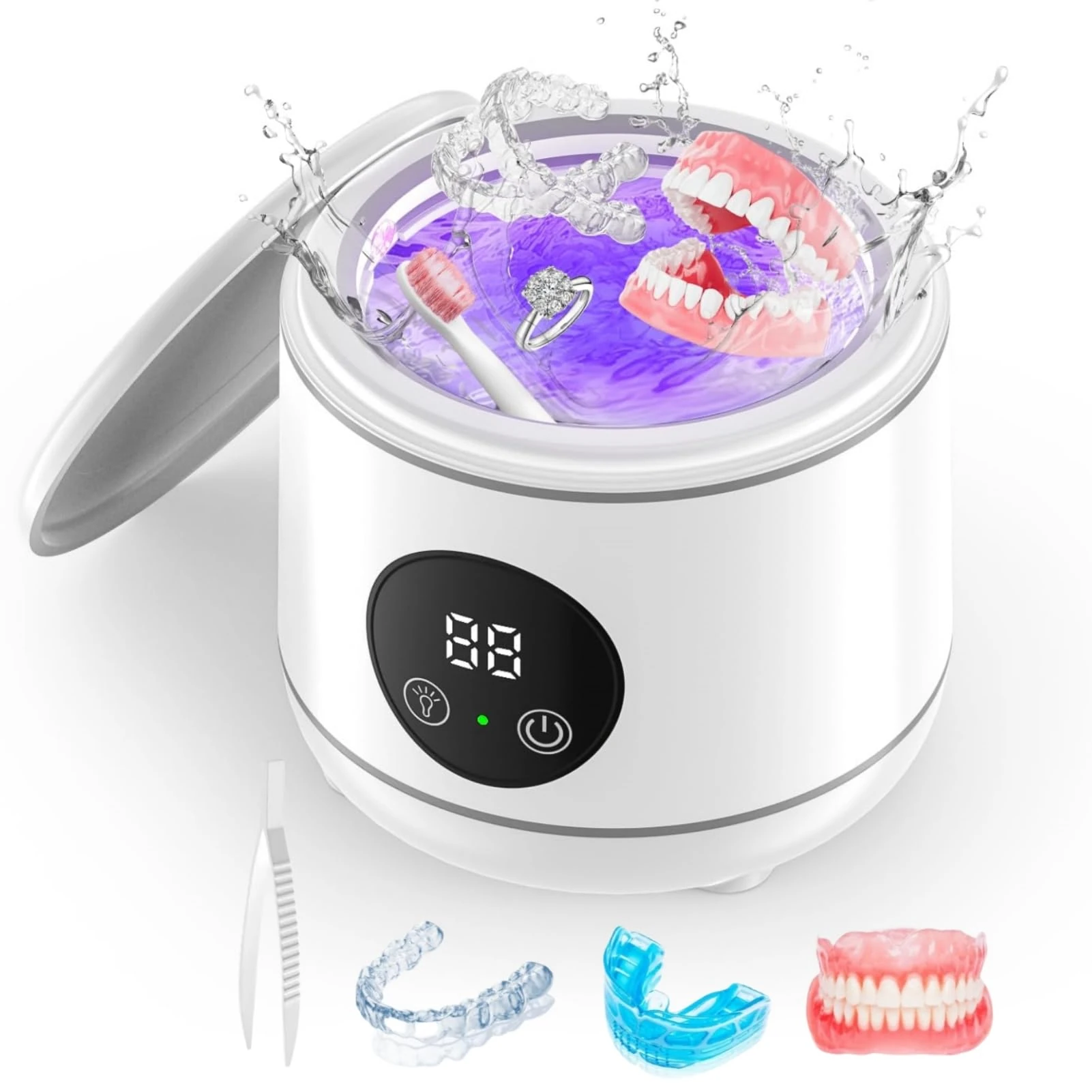 Padonco Ultrasonic Retainer Cleaner, 45kHz Ultrasonic Denture Cleaner Machine with UV-Light, Portable Ultrasonic Cleaner for Aligner, Mouthguard (White)
