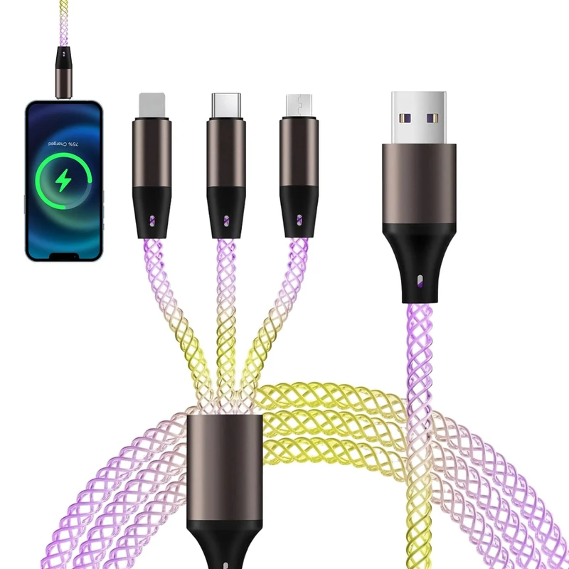 Light up Charging Cable, USB Multi Charger Cable, 3 in 1 Charger Cables, RGB Colorful Light Cord for iPhone, Android Samsung S22 S20, Huawei, Nexus, Nokia, LG, and More