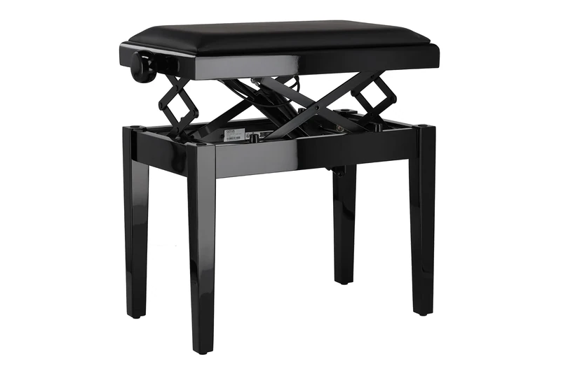Gewa Piano Bench Deluxe Autolift with comfortable height adjustment, solid wood, black high gloss, seat cover vinyl black