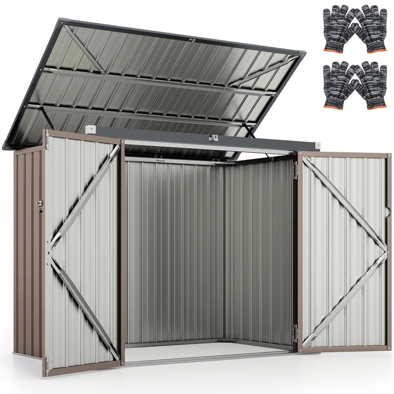 GiantexUK Metal Garden Shed, Galvanized Outdoor Utility Tool House with Lockable Door & Flip-top Slope Roof, Weatherproof Storage Shed Building for Trash Can Bike, 172 x 95 x 130cm (Brown)
