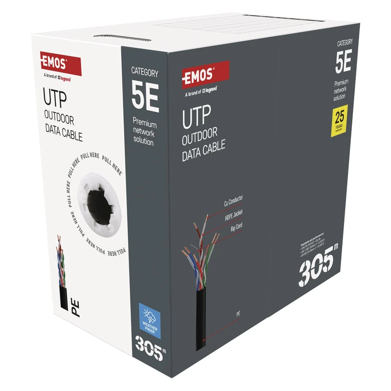 EMOS - UTP network cable CAT 5e, 305m, PE - CAT5e patch cable UTP - Gigabit LAN cable - unshielded Ethernet cable - for outdoor use - Image 1