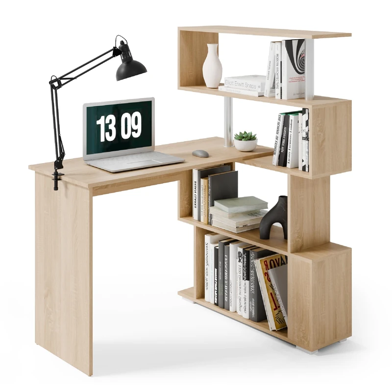 Mondeer L Shaped Computer Desk, Corner Desk, 360 Degree Rotatable, Space Saving Table with Spacious Storage for Home Office Workstation Study, 157 x 45 x 130.5 cm, Oak and White
