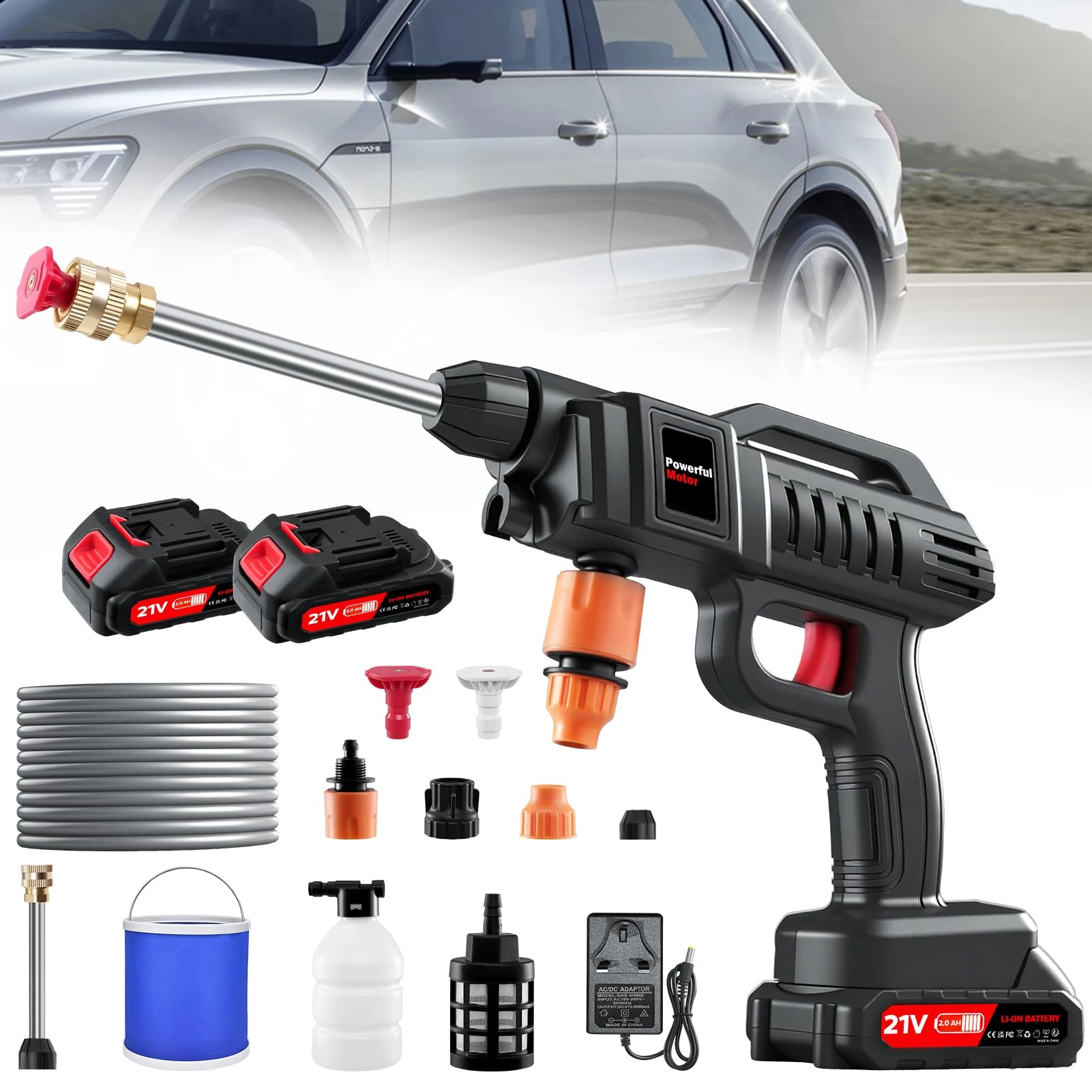 Cordless Pressure Washer, 21V 1500W Portable Power Washer, Rechargeable Battery Pressure Washer with 5M Hose, 2 Nozzles, 60Bar/870PSI High Pressure Washers for Car Floor Patio Garden Cleaning Watering