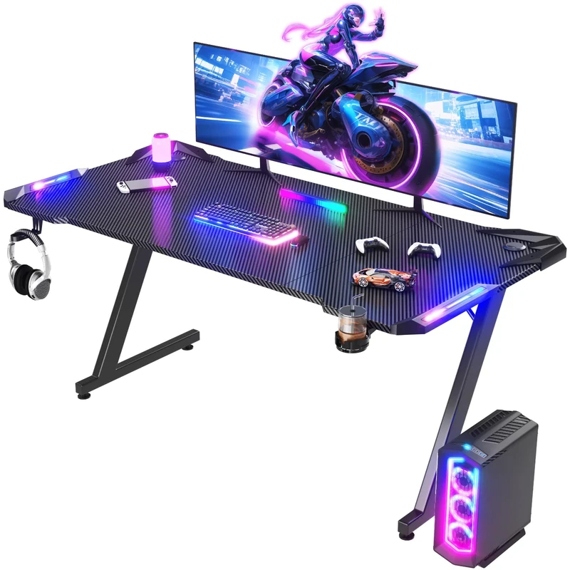 JUMMICO Gaming Desk with RGB LED Lights, 160x60cm Gaming Table, Black Computer Desk Study Desk with Cup Holder & Headset Hook, Sturdy Steel Frame Gaming Table for Gamers and Home Office