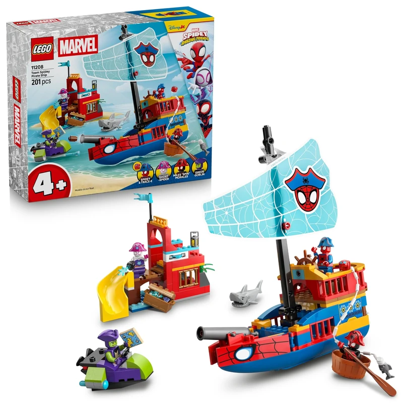 LEGO ǀ Marvel Team Spidey Pirate Ship Toy - SuperHero Set w/a Ship Model, 2 Boats & 4 Minifigures - Gift for 4+ Year Old Boys and Fans of the Spidey and his Amazing Friends Show - 11208