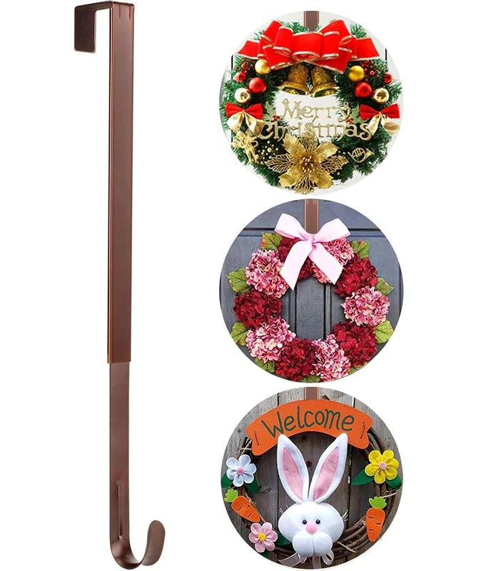 ABCHCHS Wreath Hanger for Front Door - Adjustable Length 15-25 Inch Metal Door Hanger - 20 lbs Larger - Over Door Hooks for Hanging Welcome Sign- Wreath Holder for Christmas Decorations（Bronze