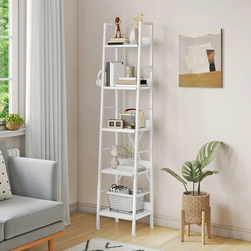 YITAHOME Slim Bookcase with 5 Levels, 35 cm Wide, Industrial Ladder Shelf, Standing Shelf, Wooden Shelves and Metal Frame, Modern Shelf for Living Room, Office, Pure White