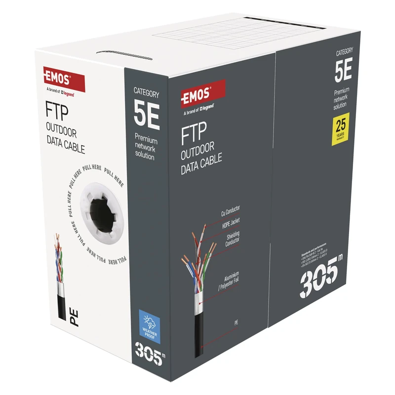 EMOS - FTP network cable CAT 5e, 305m, PE - CAT5e patch cable FTP - Gigabit LAN cable - shielded Ethernet cable - for outdoor use