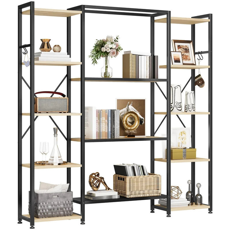 YITAHOME Industrial Bookcase 73 cm Wide, Standing Open Wooden and Metal Frame with 13 Shelves, Display Shelf for Living Room, Home Office, Oak Color