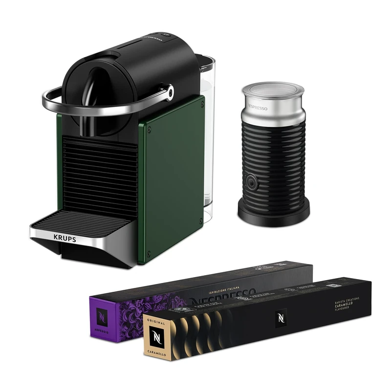 Nespresso Pixie Coffee Pod Machine Bundle by Krups, includes Milk Frother, Caramello Pods and Arpeggio Pods, XN3063G2, Dark Green