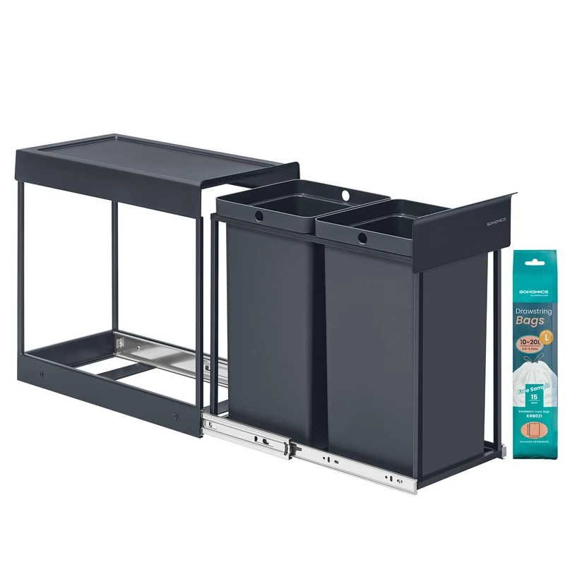 SONGMICS Kitchen Bin for Recycling and Waste, Built-in Rubbish Bin for Cabinet, 2 x 4 Gallon (15 L) Double Compartments, Smooth Pull-Out Design, Steel Frame, ABS Lid, Grey LTB950GZ01