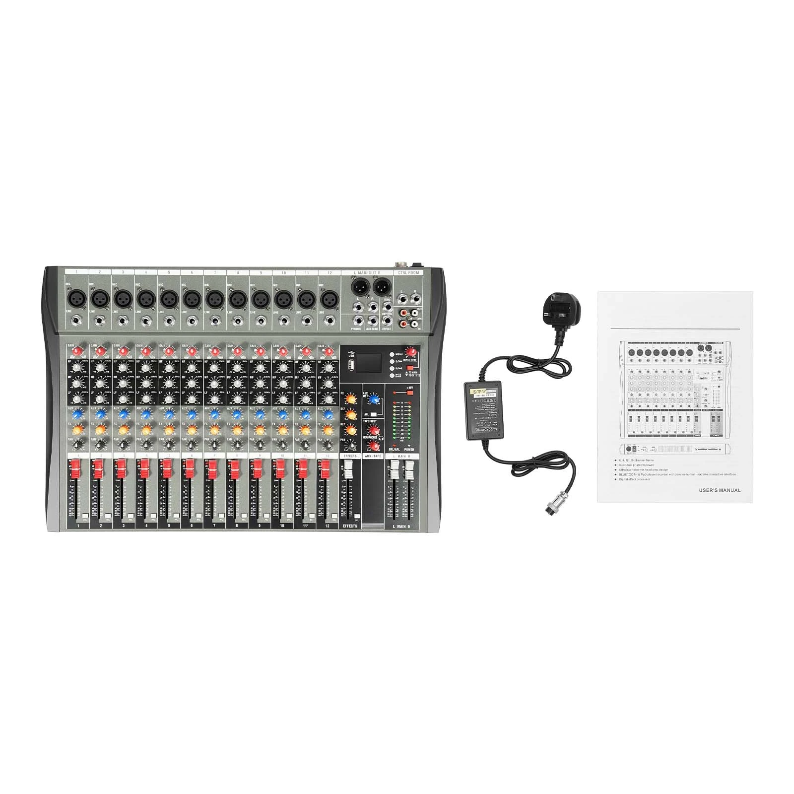 12 Channel Audio Mixer DJ Mixer with Connection USB and Bluetooth Sound Mixing Console with LCD Display for DJ Stage Karaoke Bands Mixing Board with 3-Band EQ Phantom Power Real-Time Monitoring