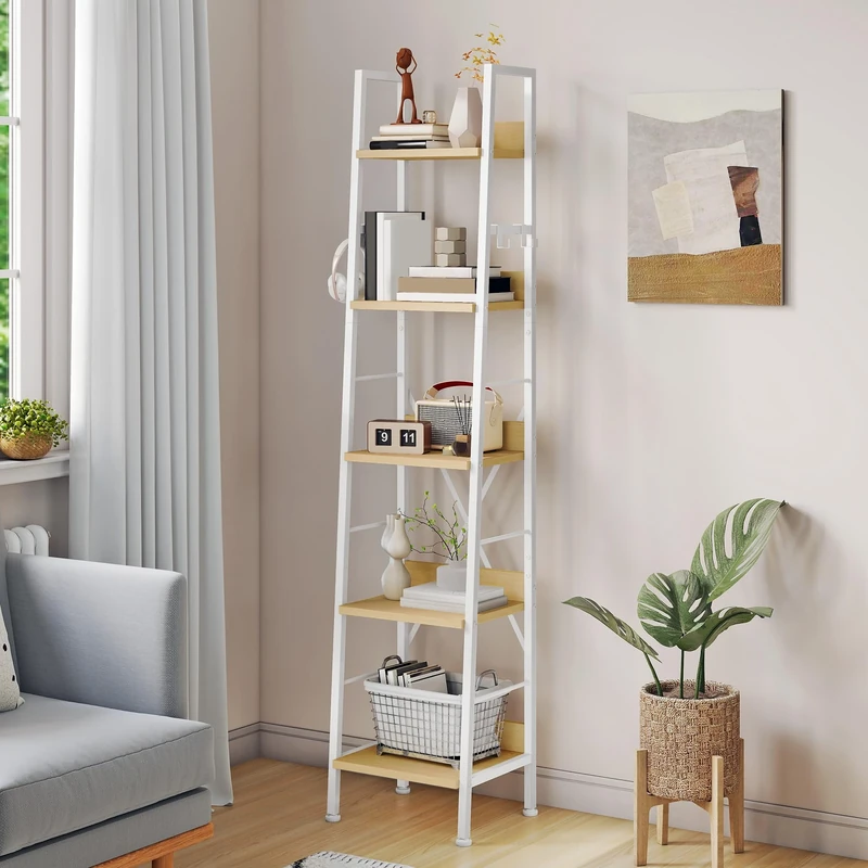 YITAHOME Slim Bookcase with 5 Levels, 35 cm Wide, Industrial Ladder Shelf, Standing Shelf, Wooden Shelves and Metal Frame, Modern Shelf for Living Room, White and Oak