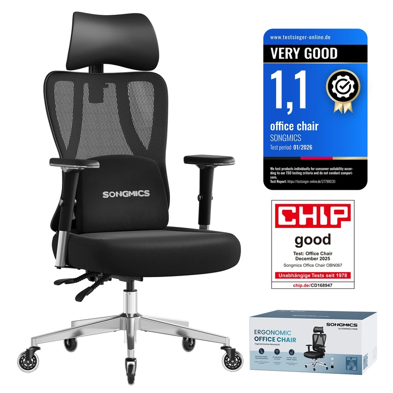 SONGMICS Ergonomic Office Chair, Height Adjustable Desk Chair, Gaming Chair with Adjustable Lumbar Support, Headrest, Armrests, Reclining Backrest, Loads 150 kg, Ink Black OBN067BH02