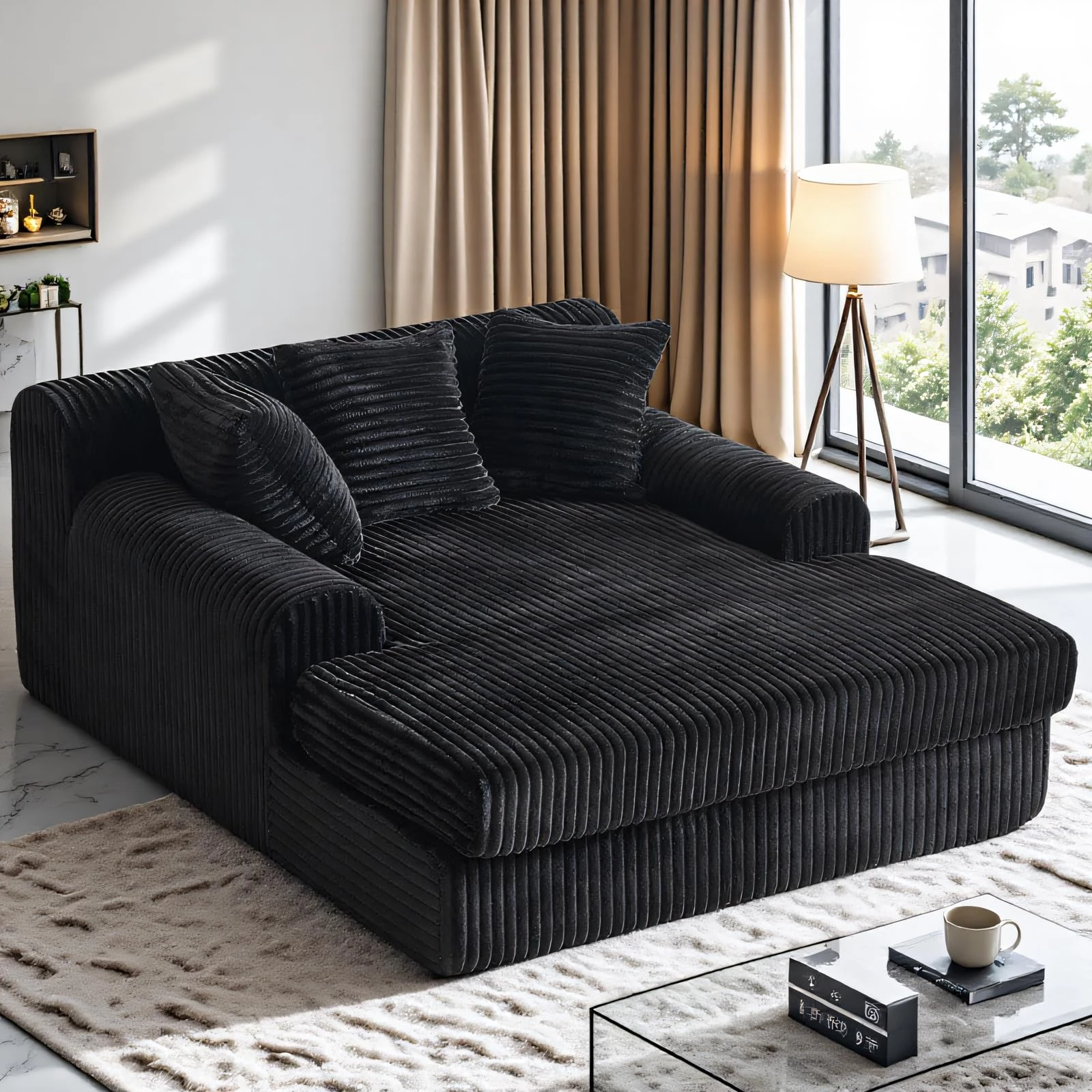 SJPVPYB Chaise Lounge Chair Indoor, Sofa Bed with Pillows and Armrests, Boneless Corduroy Cloud Couch for Bedroom Living Room No Assembly (Black single sofa)