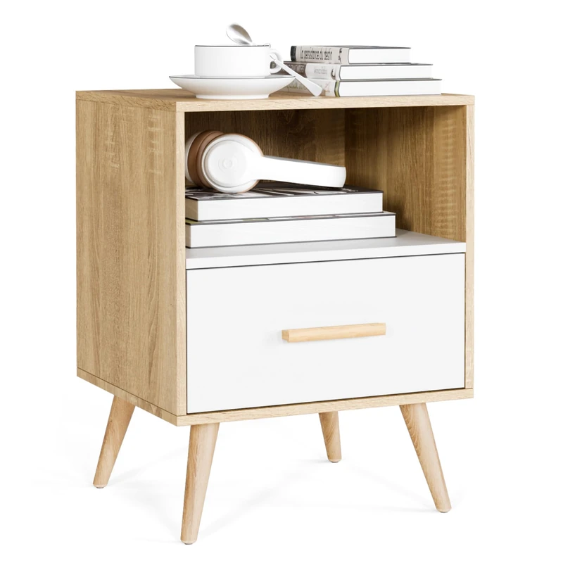 Mondeer Bedside Table with 1 Drawer and 1 Open Compartment, Wooden Modern Bedside Table with Solid Wood Feet, Side Table for Bedroom Living Room, 40 x 35 x 51 cm, White and Oak