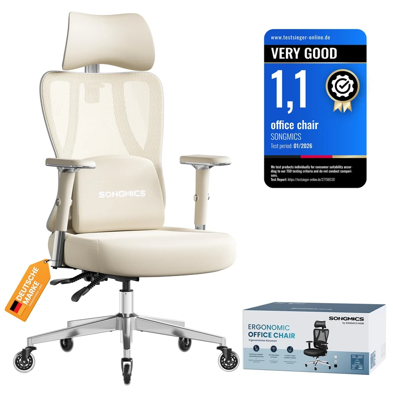 SONGMICS Ergonomic Office Chair, Height Adjustable Desk Chair, Gaming Chair with Adjustable Lumbar Support, Headrest, Armrests, Reclining Backrest, Loads 150 kg, Camel Brown and Cloud White OBN067LJ02
