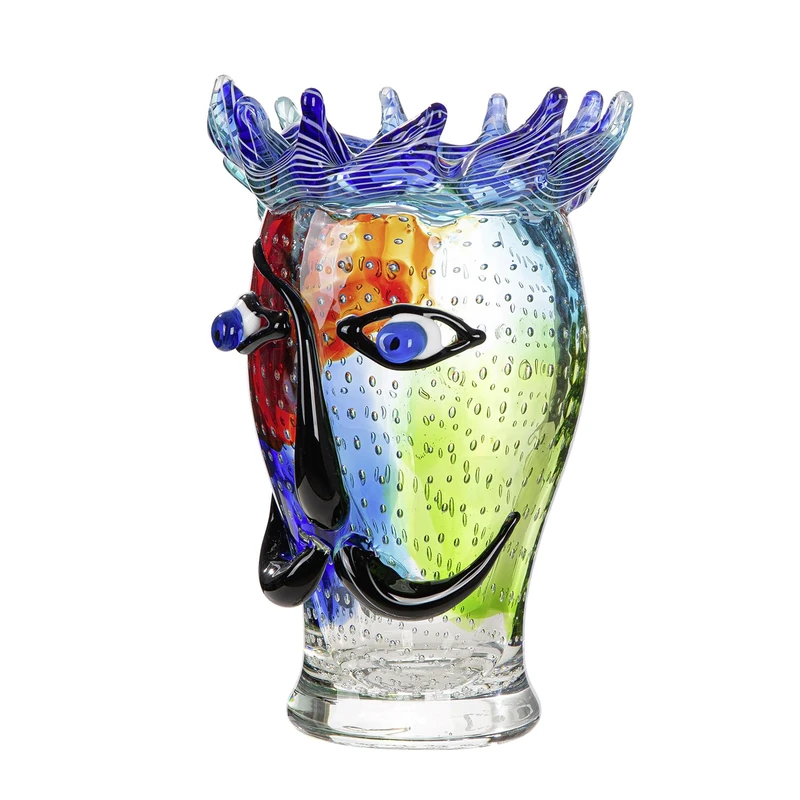 Glass Art Donald Face Vase, Height 29 cm x Width 19 cm, Green/Red, with Face Motif, Handmade