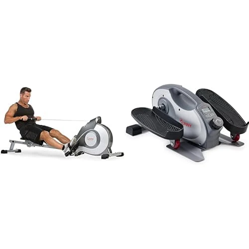 Sunny Health & Fitness Smart Portable Fully Assembled Magnetic Under Desk Elliptical Peddler + Magnetic Rowing Machine, Folding Rower W/LCD Monitor and 8 Level Resistance