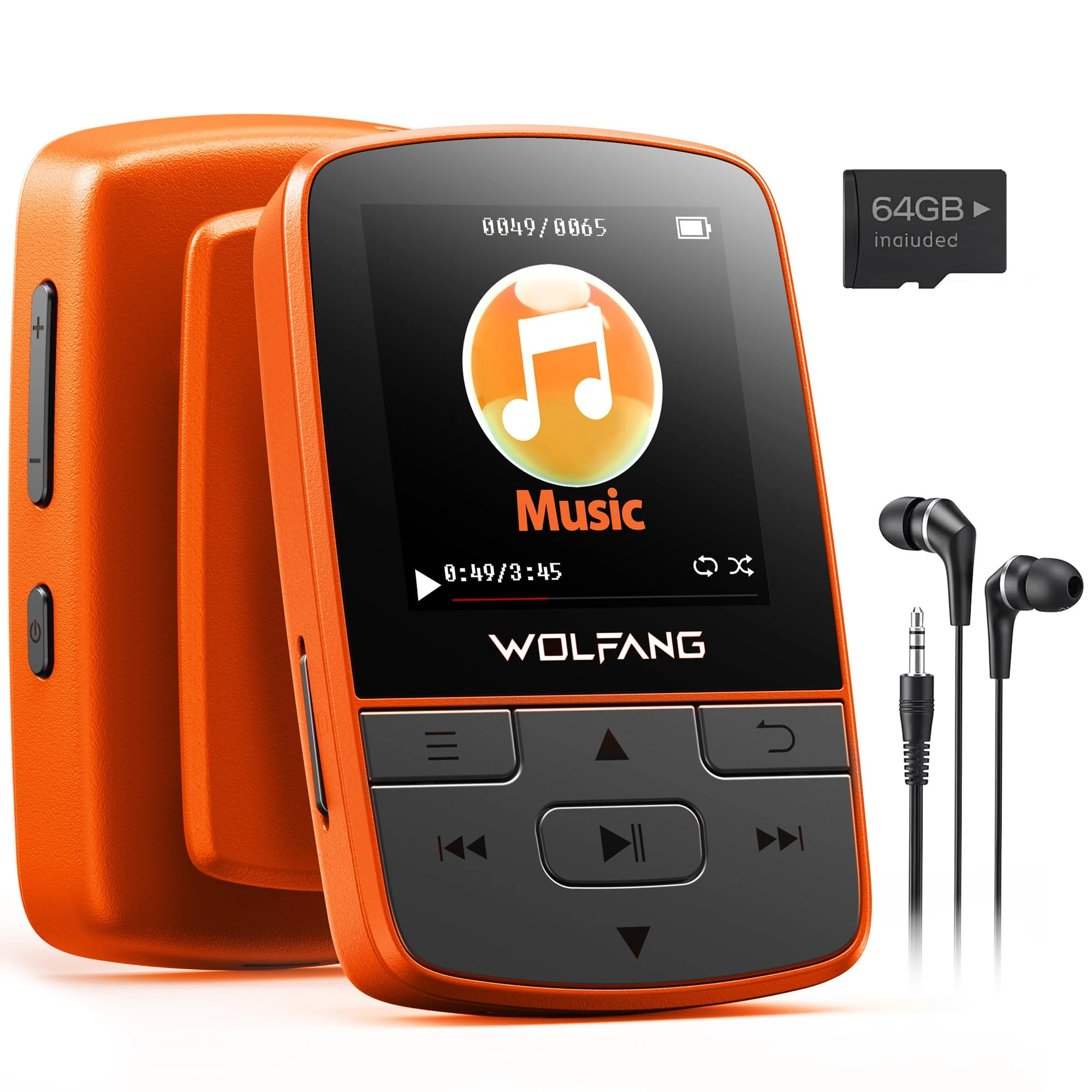 WOLFANG 64GB MP3 Players with Bluetooth 5.2, Sports Clip, Mini Size, Weigh 1 oz, HiF FM Radio, Voice Recorder, Earphones Included,Orange