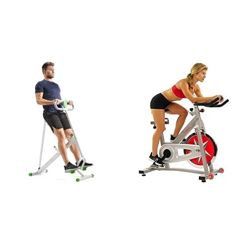 Sunny Health and Fitness Indoor Studio Cycle Pro Exercise Bike with 18 KG Flywheel + Row-N-Ride Squat Assist Trainer for Glutes & Full Body Cardio Workout with Adjustable Resistance
