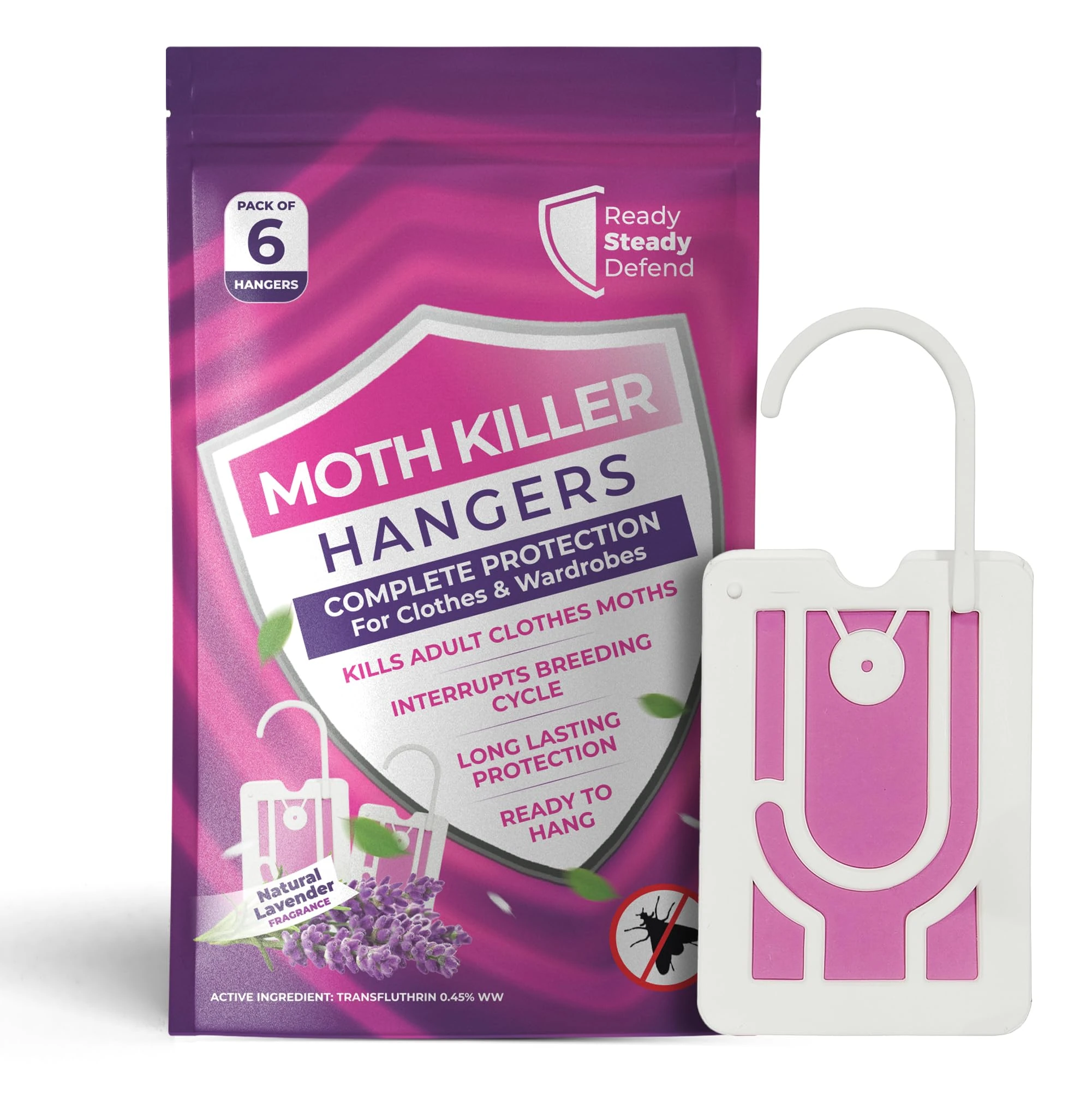 6-Pack Moth Killer Hangers for Wardrobes: Lavender-Scented Clothes Moth Repellent | Anti-Moth Protection for Wardrobes and Drawers | Up to 3 Months Protection per Hanger |