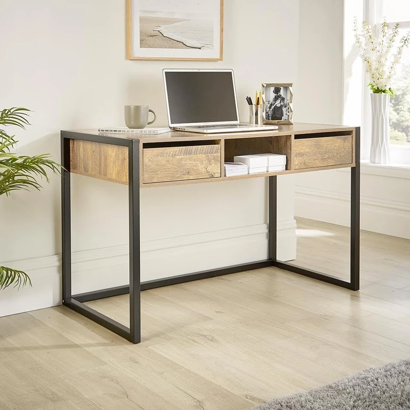 Home Source Office Desk, Oak Effect – Compact Computer Workstation with 1 Drawer and 1 Door Storage Cabinet