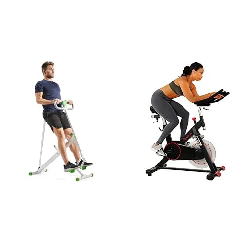 Sunny Health and Fitness Indoor Cycling Wheel W/Magnetic Belt Drive, 136kg Max Weight + Row-N-Ride Squat Assist Trainer for Glutes & Full Body Cardio Workout with Adjustable Resistance