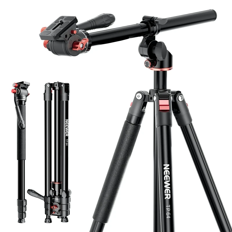 NEEWER Overhead Horizontal Camera Tripod Monopod with Fluid Head & Flexible Center Column, 90 Inch Tall Metal DSLR Video Travel Stand, Arca Type QR Plate & Inverted Legs, Max Load 13.2 lbs, TP64