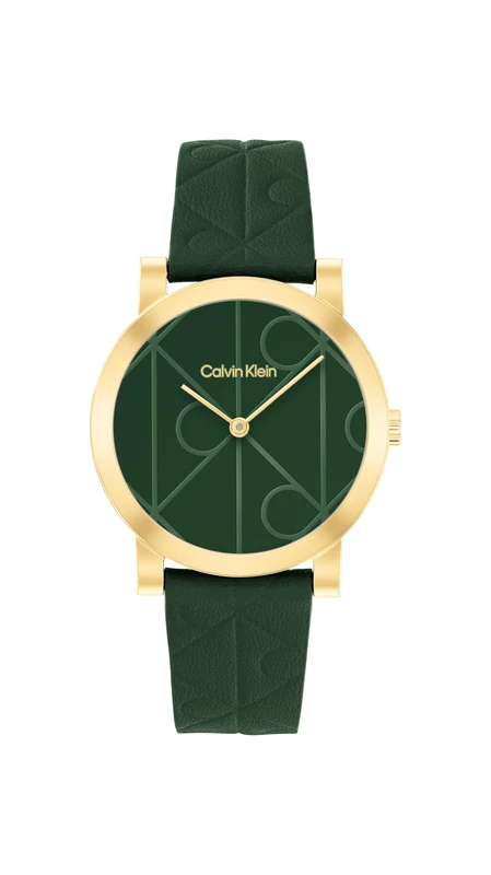 Calvin Klein Two Hand Quartz Movement Watch for Women CK Monogram Collection with Green Leather Strap - 25100129