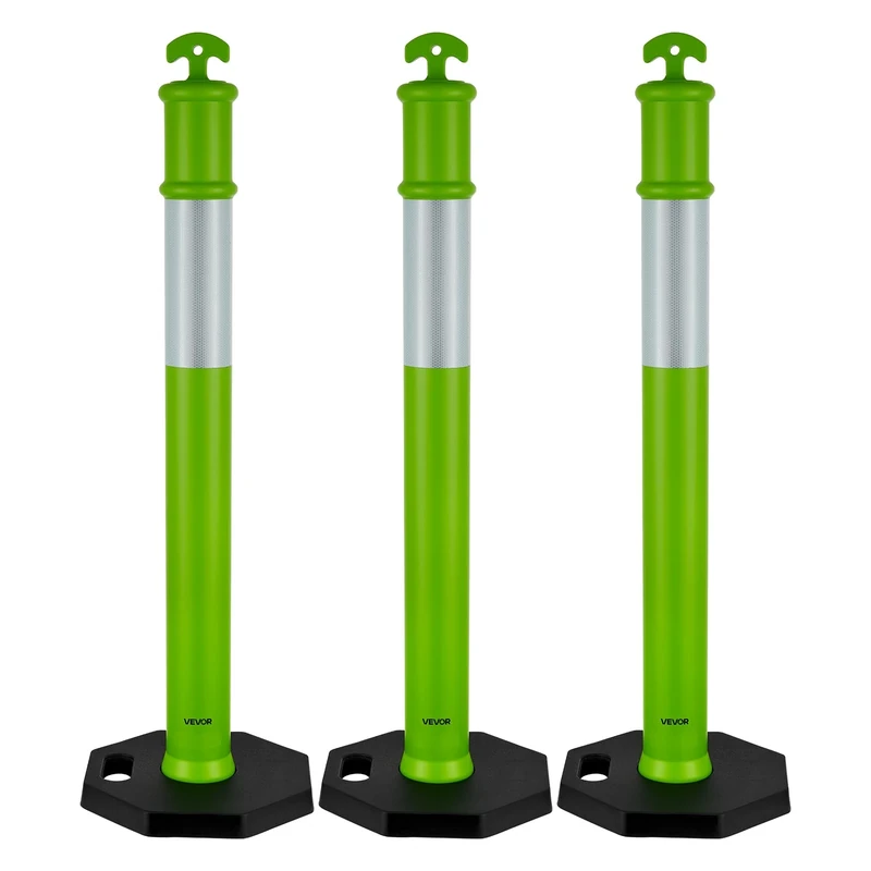 VEVOR 3 Pack Traffic Delineator Posts, 1140 mm Traffic Safety Cones with Weighted Base and Reflective Strips, Heavy Duty Delineator Posts for Construction Site, Parking Lot, Crowd Control, Green