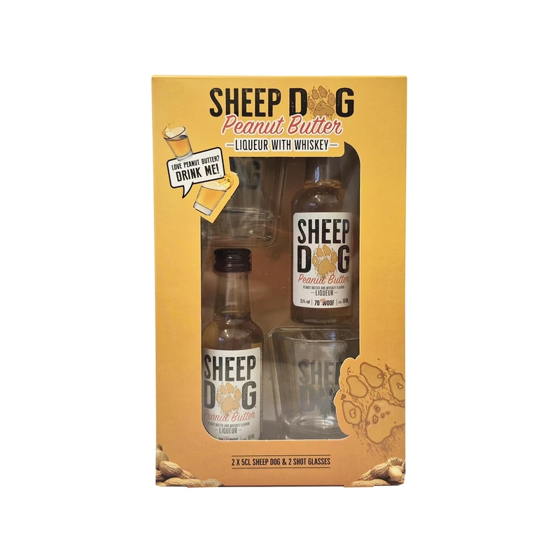 Sheep Dog Peanut Butter Liqueur 2 x 5cl (35% ABV) with Whiskey & 2 Shot glasses