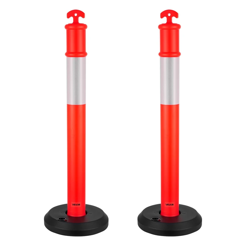 VEVOR 2 Pack Traffic Delineator Posts, 1140 mm Traffic Safety Cones with Fillable Base and Reflective Strips, Heavy Duty Delineator Posts for Construction Site, Parking Lot, Crowd Control, Red