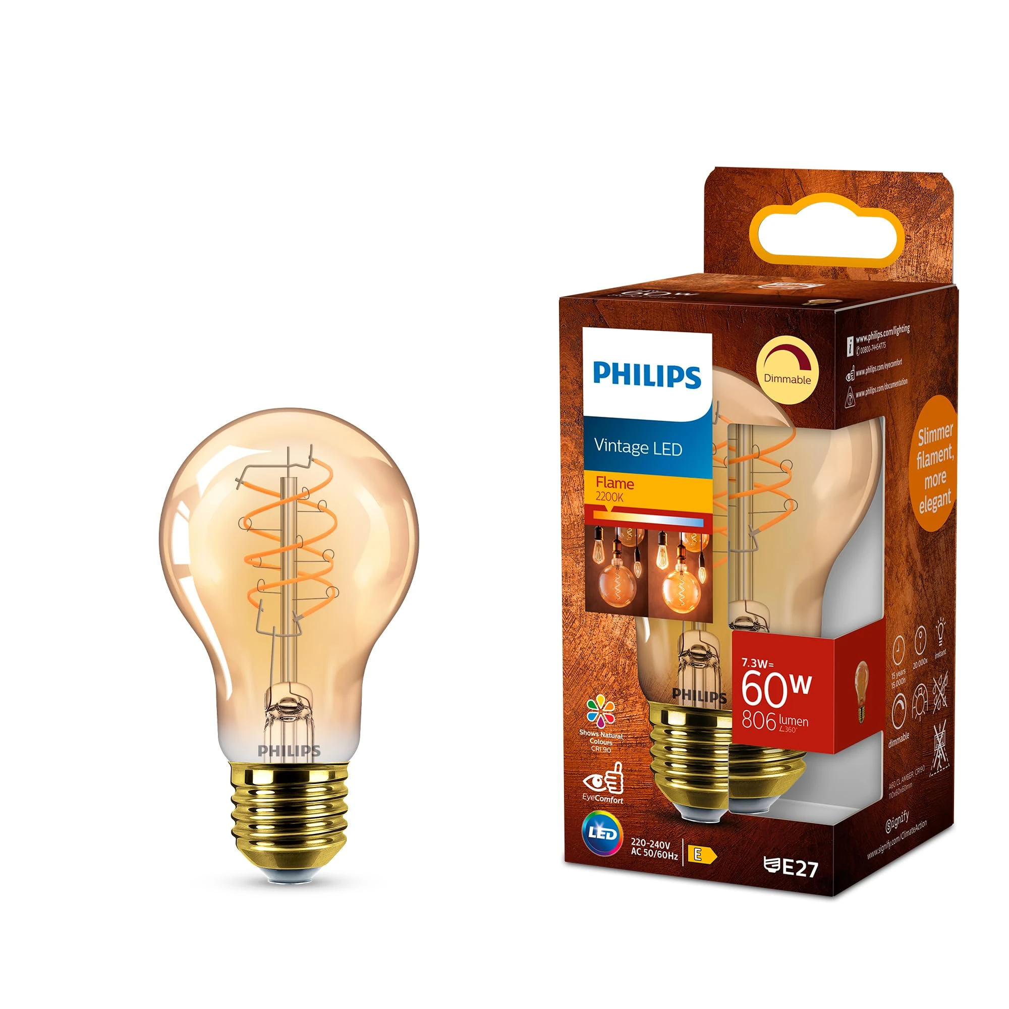 Philips Vintage Amber Spiral A60 Bulb, Dimmable, Flicker-Free, EyeComfort, 806 Lumen, Flame (2200 K), 7.3 W=60 W, E27 Base, 1-Pack