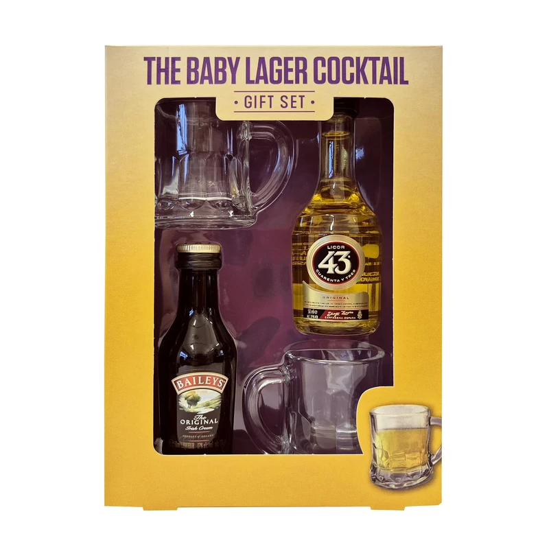 The Baby Lager Cocktail – 5cl Baileys The Original Irish Cream (17%), 5cl Licor 43 Premium Spanish Liqueur (31% ABV). By Blue Tree Gifts.