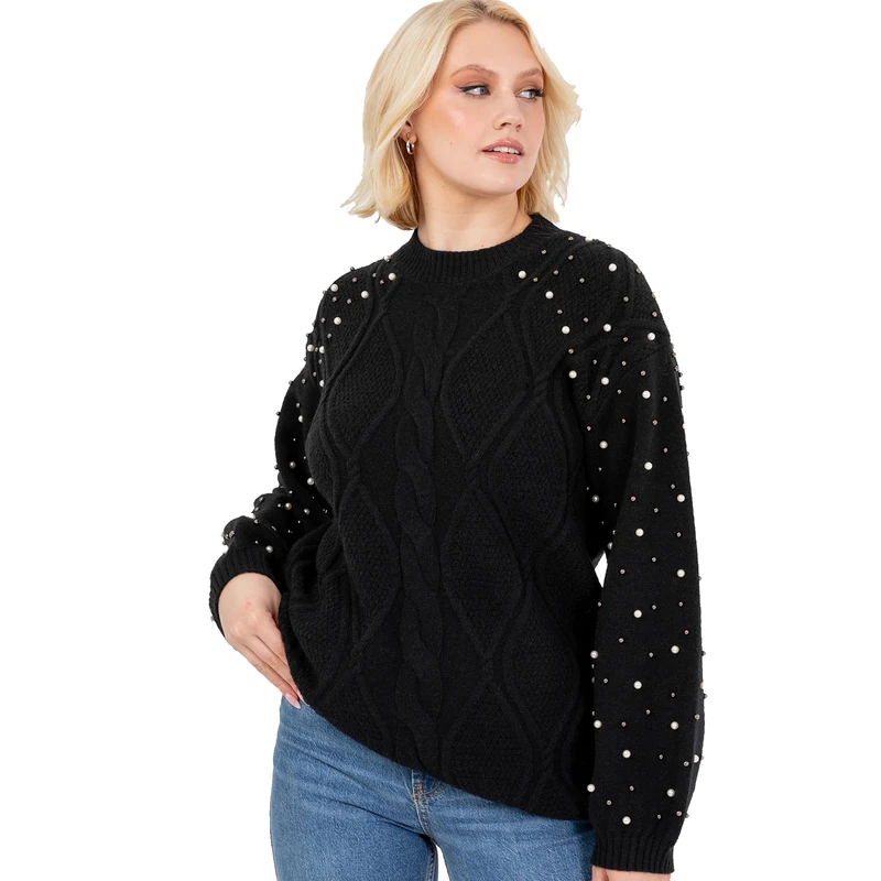 Lovedrobe Women's Cable Knit Jumper Ladies Crew Neck Sweater Long Balloon Sleeve Pearl Embellished Oversized Longline Knitwear, Black 16-18